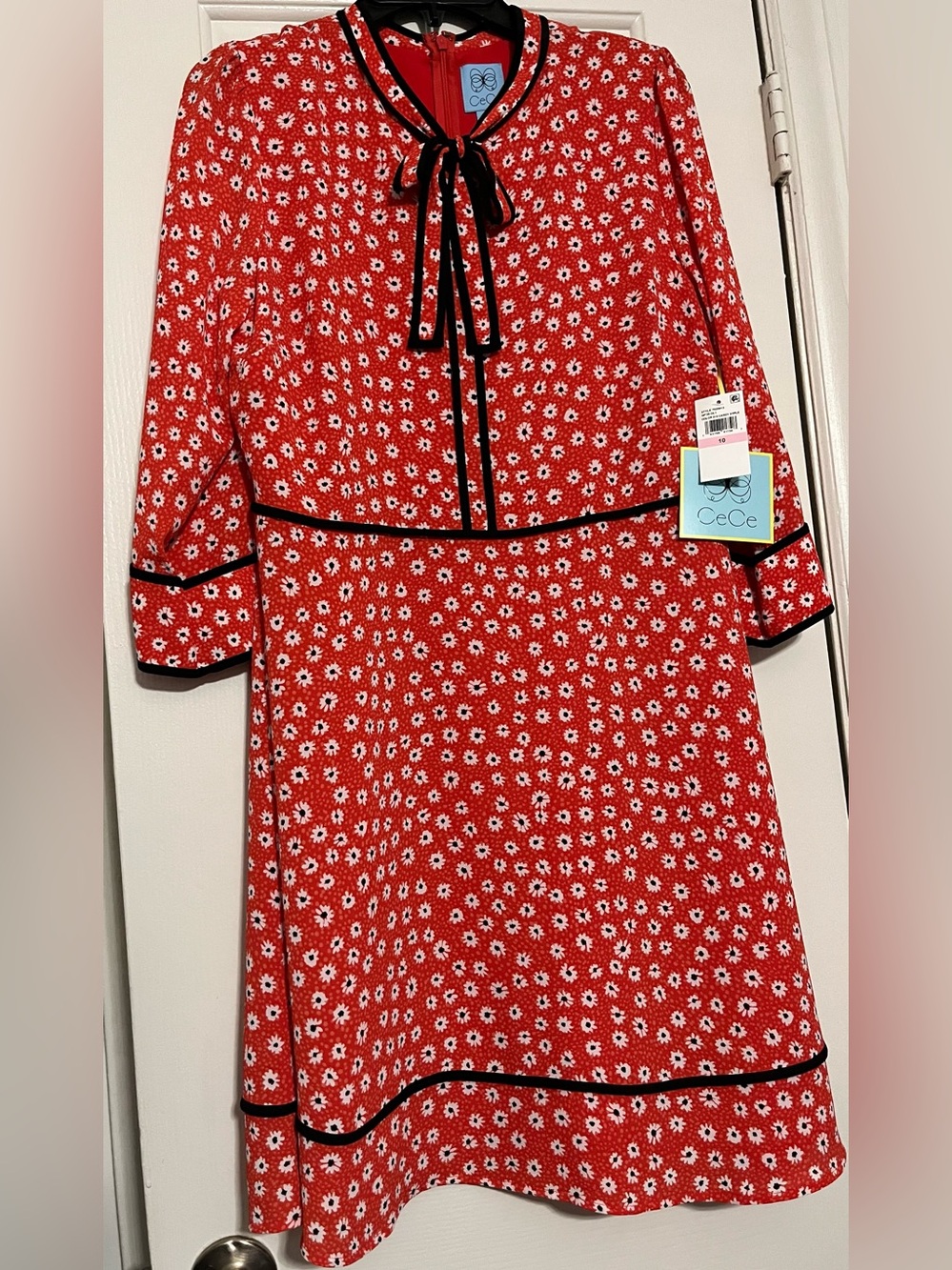 CeCe Red Daisy Print Dress with Black Trim New